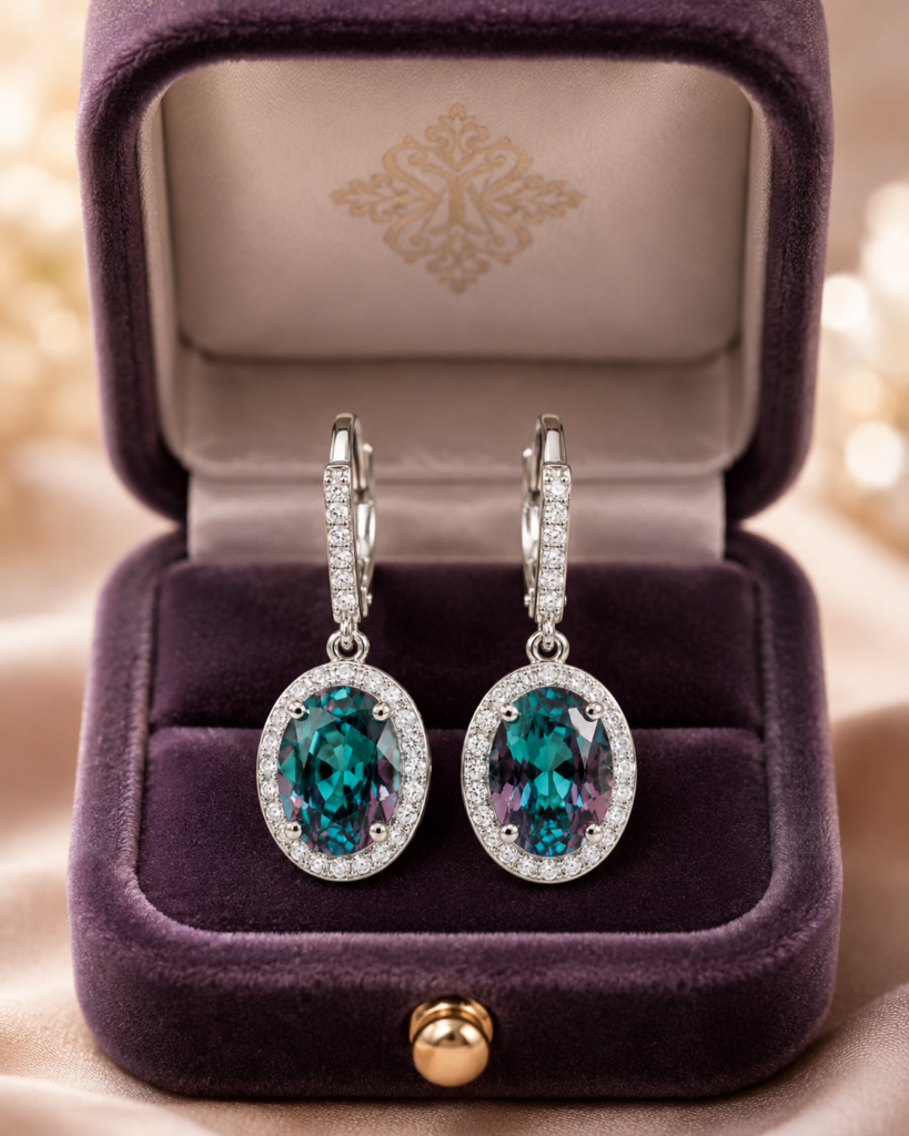 June Birthstone Guide for Retailers – Pearl, Moonstone & Alexandrite 4 Alexandrite and diamond earrings image