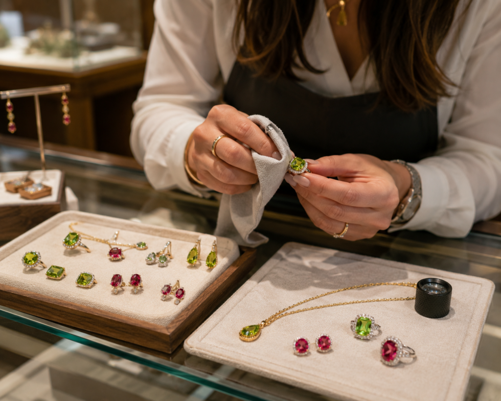 August Birthstone Guide for Retailers: Peridot and Spinel 5 Jeweler polishing peridot and spinel jewelry image