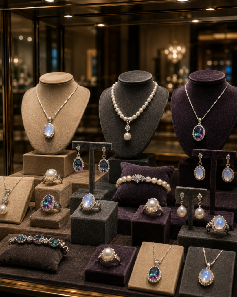 June Birthstone Guide for Retailers – Pearl, Moonstone & Alexandrite 1 June birthstones in a jewelry display case image