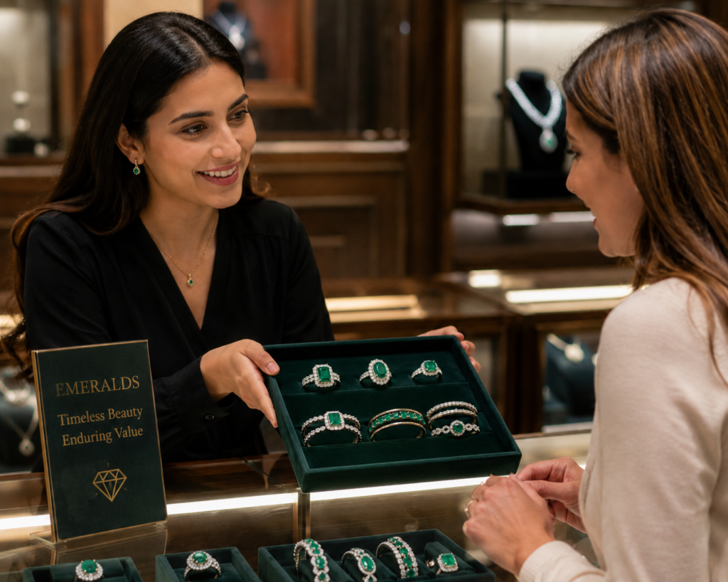 May Birthstone Guide for Retailers – Emerald 3 Jewelry retailer showing a customer emerald jewelry in showcase image