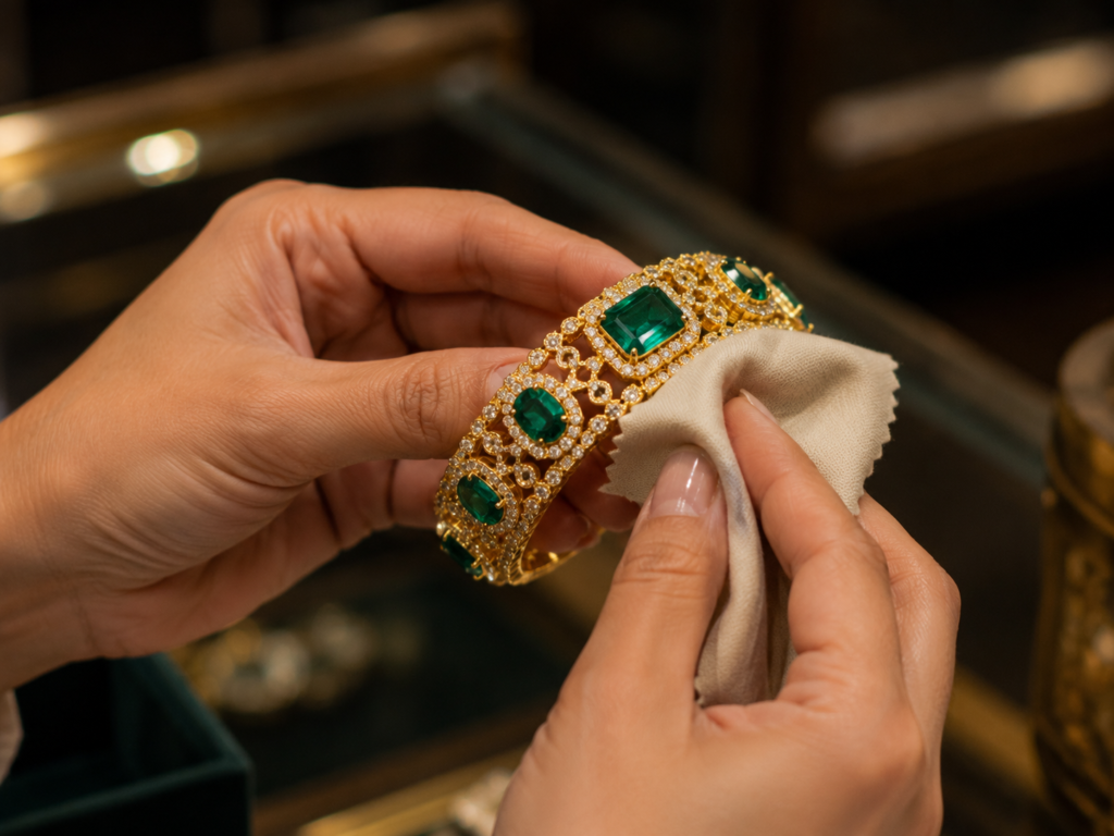 May Birthstone Guide for Retailers – Emerald 4 A jewelry retailer polishing a gold, emerald and diamond bracelet image