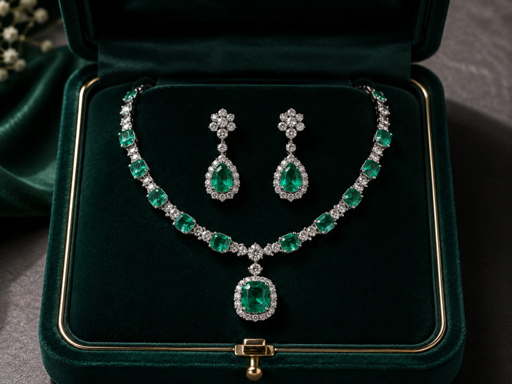 May Birthstone Guide for Retailers – Emerald 2 Emerald and diamond necklace and earring set image
