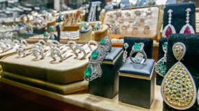 Jewelry on display at a store window in New York City diamond district credit Shutterstock