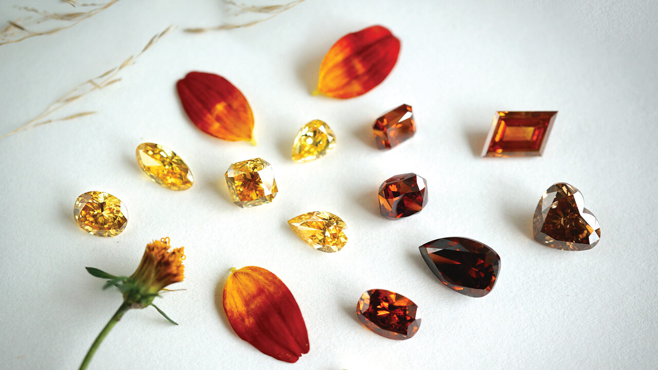 Image: Fancy shapes in Canary, Jonquille, Pumpkin, Cognac, Amber, and Chocolate. (Langerman Diamonds)