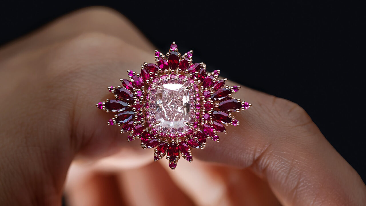 Image: Maggi Simpkins ring centering a cushion-cut, 2.43-carat fancy-pink diamond surrounded by rubies and pink sapphires. (Karla Ticas/Maggi Simpkins)