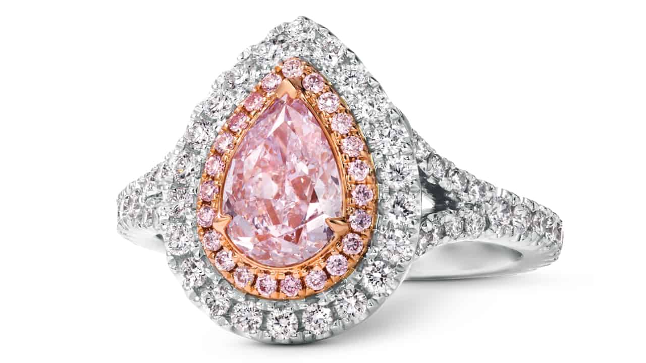 Le Vian ring with a pear-shaped, pink central diamond