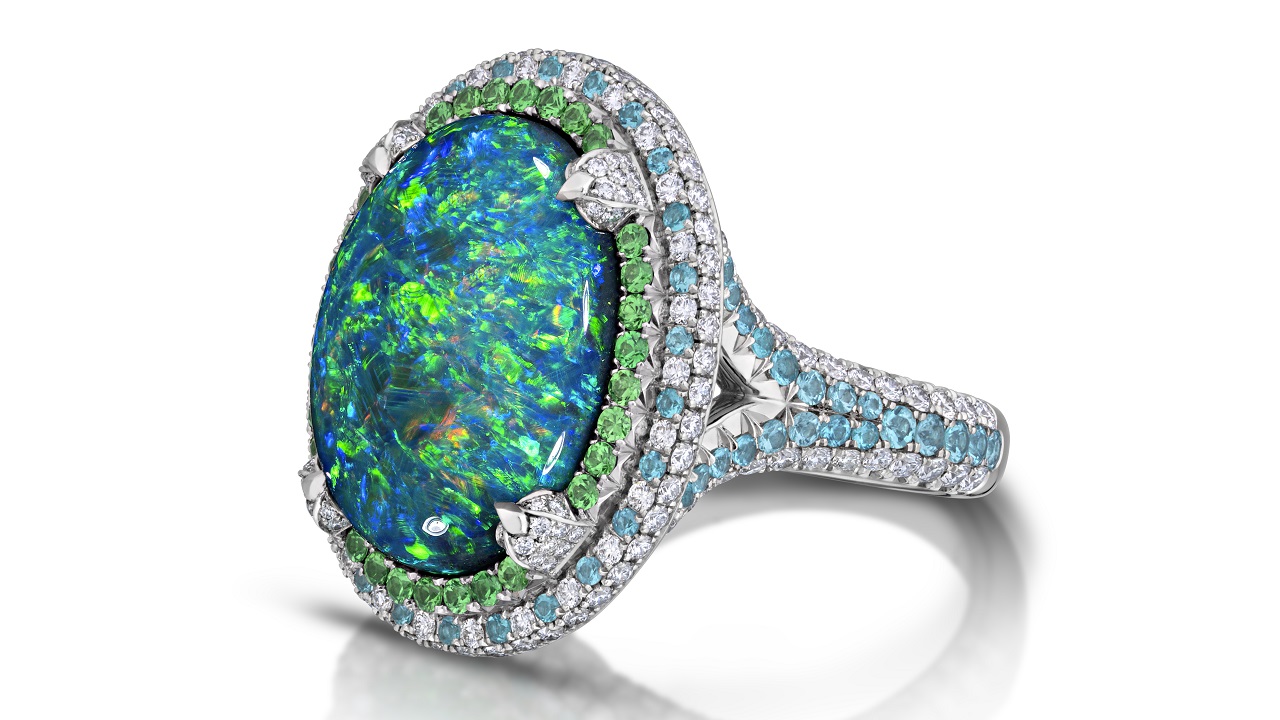 Opal ring and set of Paraiba tourmalines take Best of Show honors in Spectrum and Cutting Edge contests.

