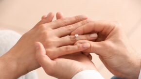 lab-grown engagement ring Man,Putting,Engagement,Ring,On,Woman's,Finger,,Closeup 1280 USED 031124