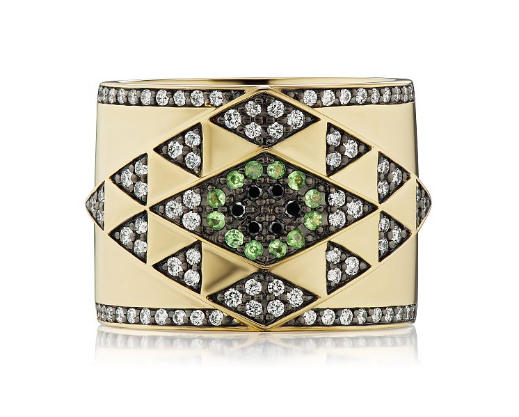 Lauren Harwell Godfrey, Amina Cigar Band, 18k Yellow Gold with Diamond and Tsavorite.