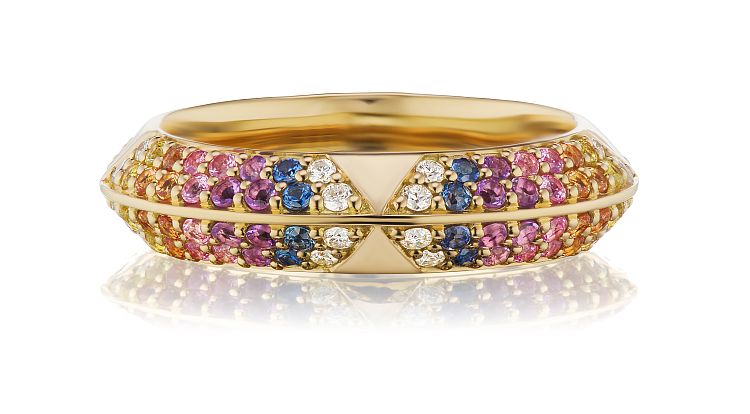 Lauren Harwell Godfrey Rainbow Sapphire Rosa band in 18-karat yellow gold with rainbow sapphires and white diamonds. 