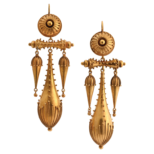 A pair of Victorian Etruscan Revival gold earrings from Sandra Cronan. (Sandra Cronan)