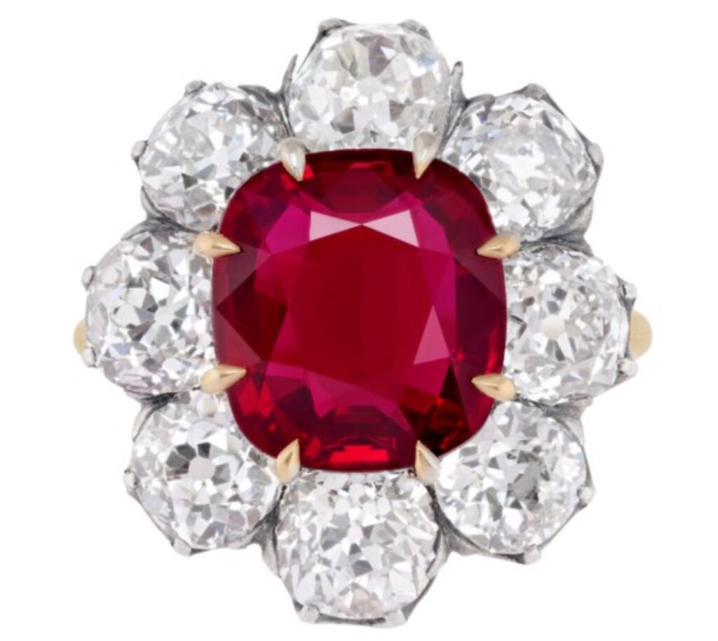 Cushion-shaped, 5.03-carat, pigeon’s blood Burmese ruby ring with old-cut diamonds image.
