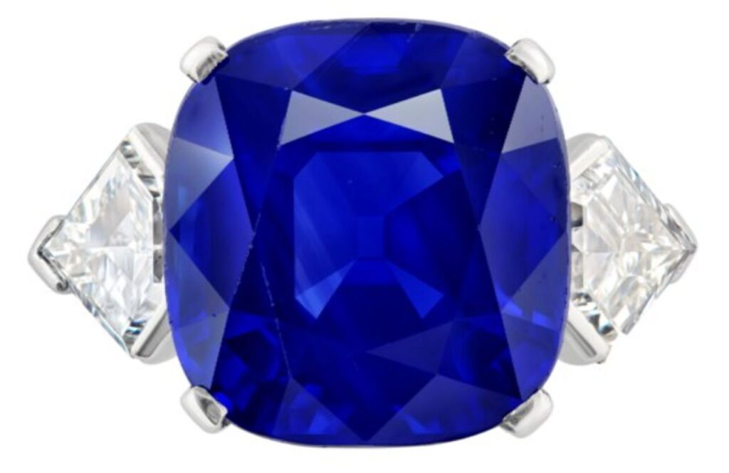 Cushion-shaped, 11.03-carat Kashmir sapphire and diamond ring image.