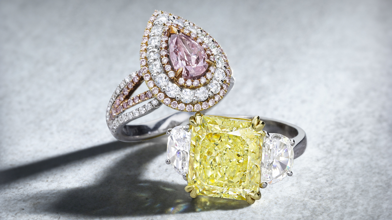 Bonhams pink and yellow diamond rings image