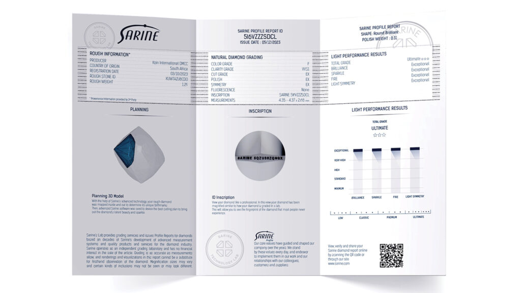 Sarine technologies diamond certificate trifold image