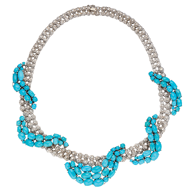 Image of a turquoise and diamond necklace from the 1970s