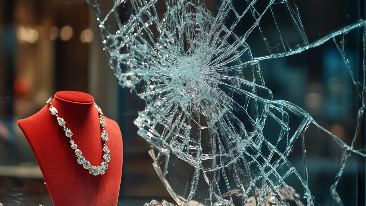 Image of a smashed jewelry store window