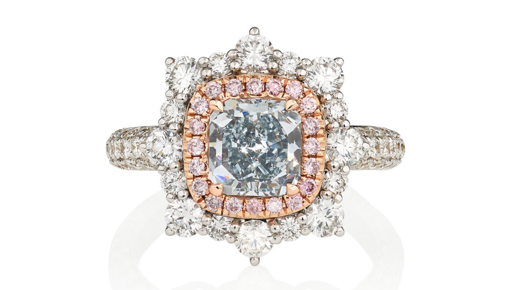 Fancy-intense-blue diamond on a ring