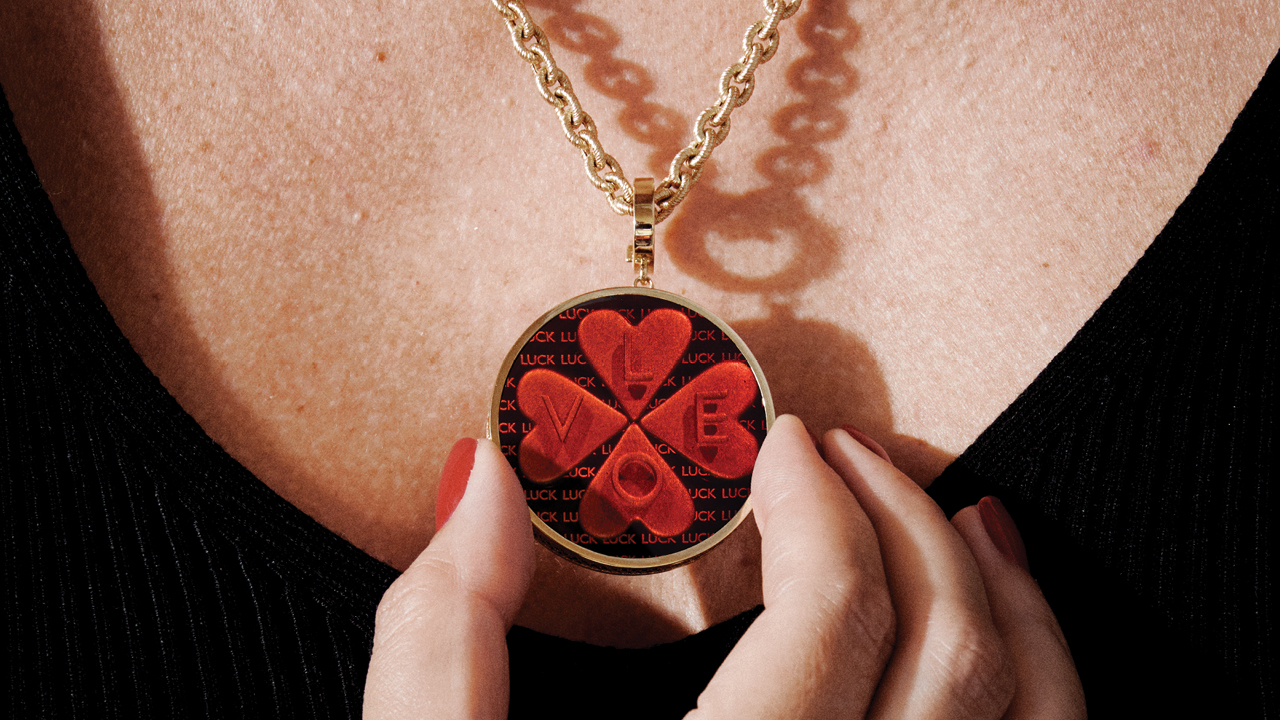 Image of Lauren Rubinski Fortuna necklace in gold with Love and Luck hologram