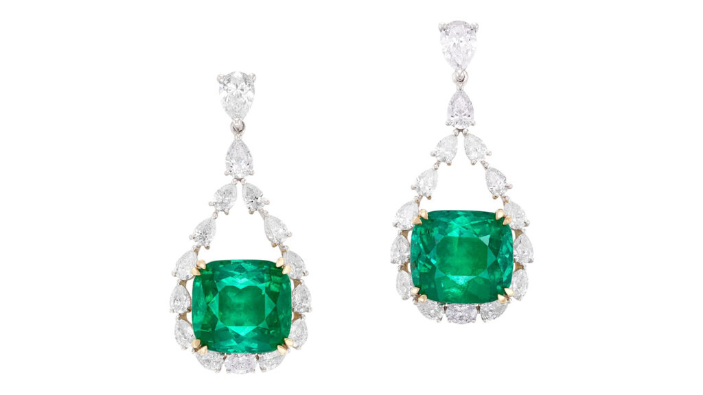 Cushion-shaped Colombian emerald earrings at Phillips image