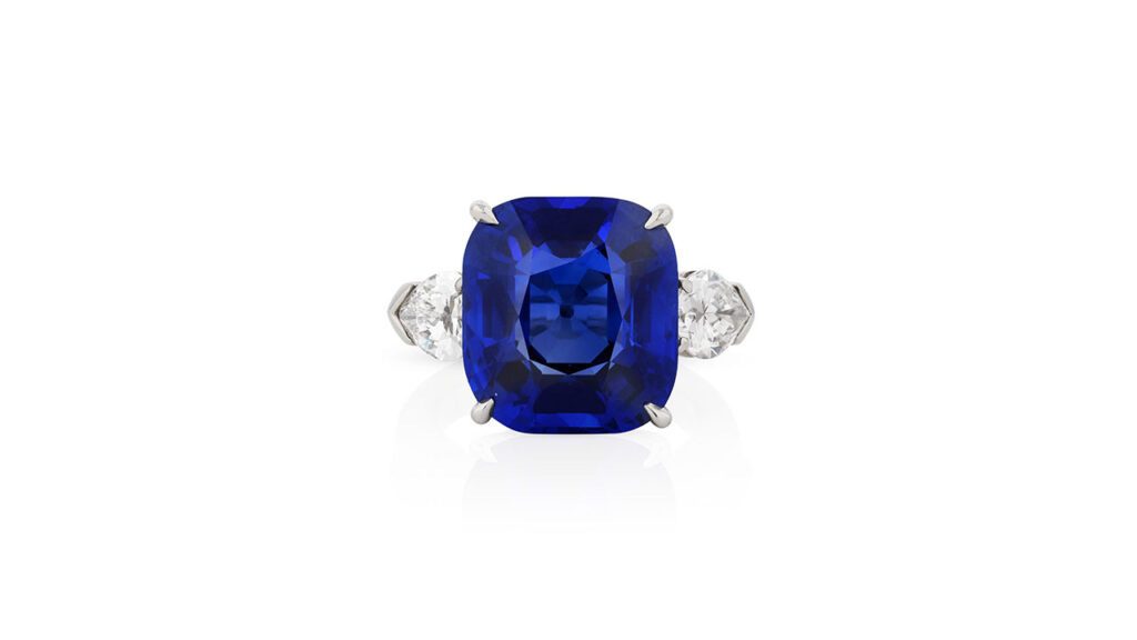 Graff ring bearing a Burmese sapphire flanked by diamonds at Phillips image
