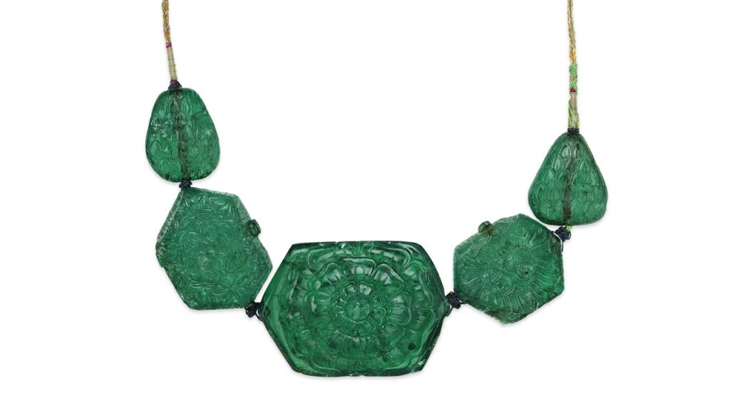 Necklace featuring five carved Colombian emeralds from the Mughal collection at Christie's image