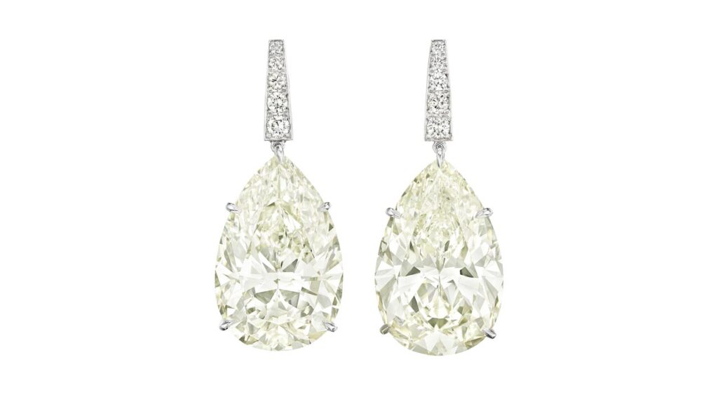 Pair of pear brilliant-cut diamond earrings at Christie's image