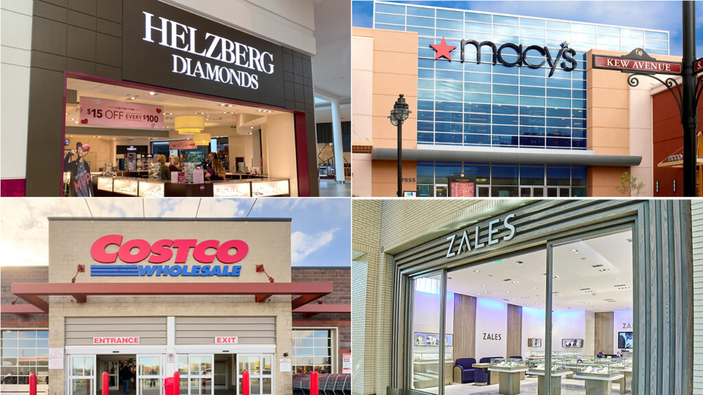 Storefronts of Hezberg Diamonds (top left), Macy's (top right), Zales (bottom right) and Costco (bottom left) images
