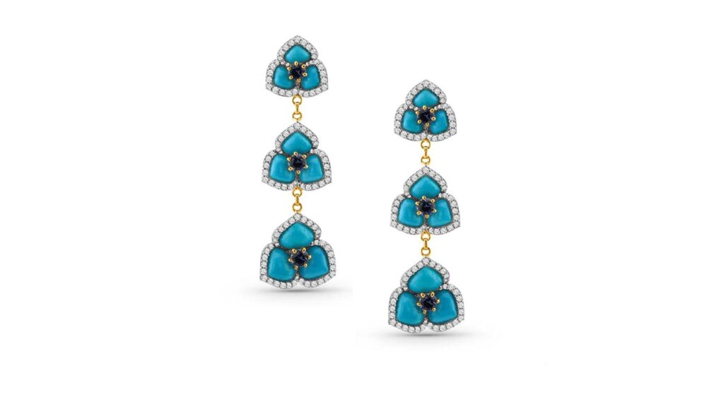 18-karat yellow gold earrings with Sleeping Beauty Turquoise weighing 9.82 carats, embellished with diamonds and blue sapphires image
