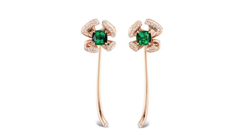 18-karat rose gold convertible earrings with 4 carats of cushion-cut green tourmalines and pavé diamond petals image