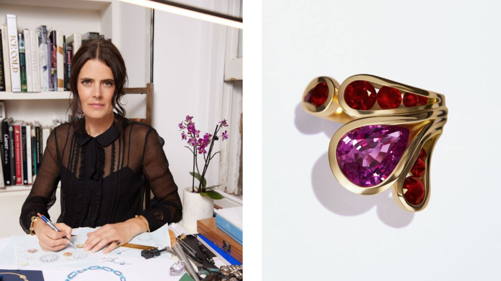 Jewelry designer Ming Lampson (left); An 18-karat gold Ming Petal ring, set ring with pink sapphires and rubies (right) image