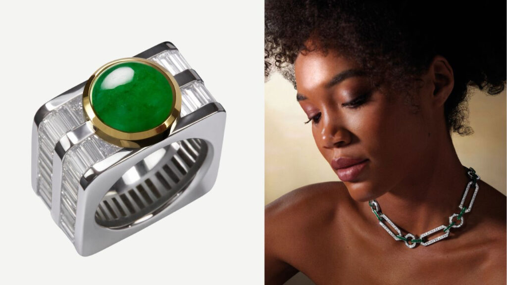 Platinum and gold ring, set with an imperial jade cabochon and baguette-cut diamonds by Ming (left); Ming Westside platinum necklace with emeralds and diamonds (right) by Ming image