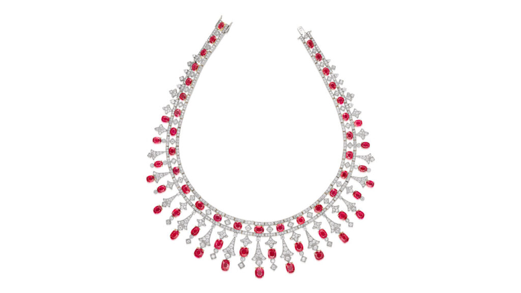 A fringe necklace decorated with around 65.02 carats of cushion-shaped and oval Burmese rubies, and old European-, single- and brilliant-cut diamonds image