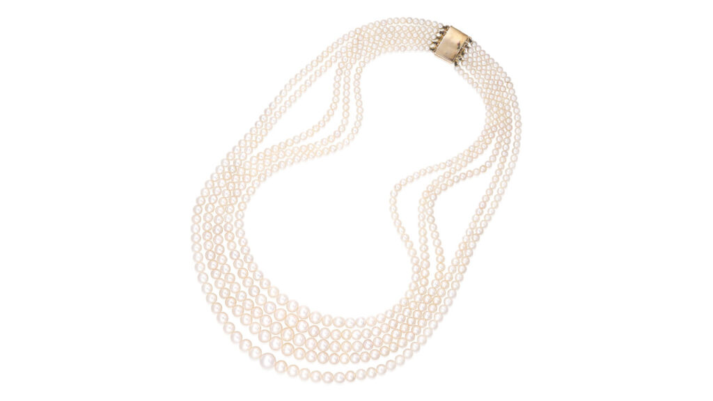 A necklace comprising five rows of graduated natural pearls image