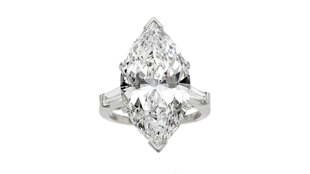 Ring featuring a marquise-shaped, 12.55-carat with about 0.60 carats of tapered baguette-cut diamonds at Heritage Auctions image
