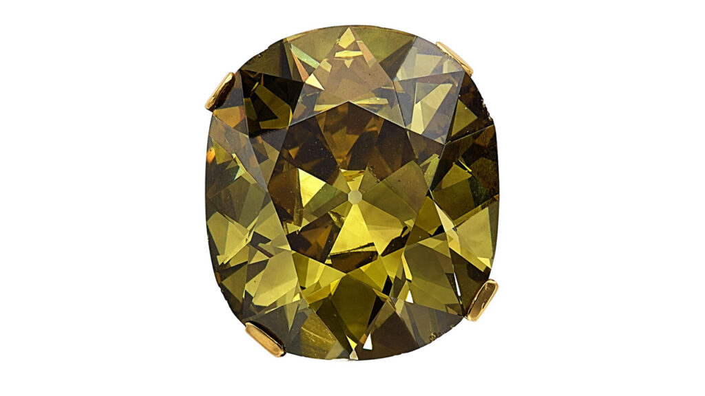 Cushion-shaped diamond ring containing a 41.54-carat, fancy-dark-brown-greenish-yellow diamond at Heritage Auctions image