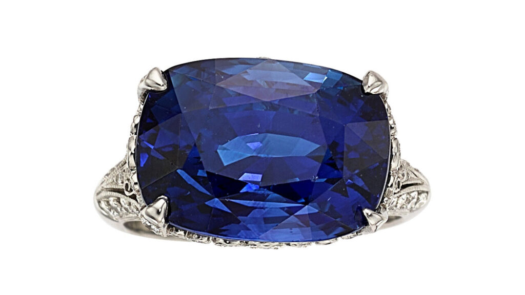 A Tiffany & Co. ring centering a cushion-shaped, 18-carat Ceylon sapphire and with 0.57 carats of full-cut diamonds decorating the band T Heritage Auctions image