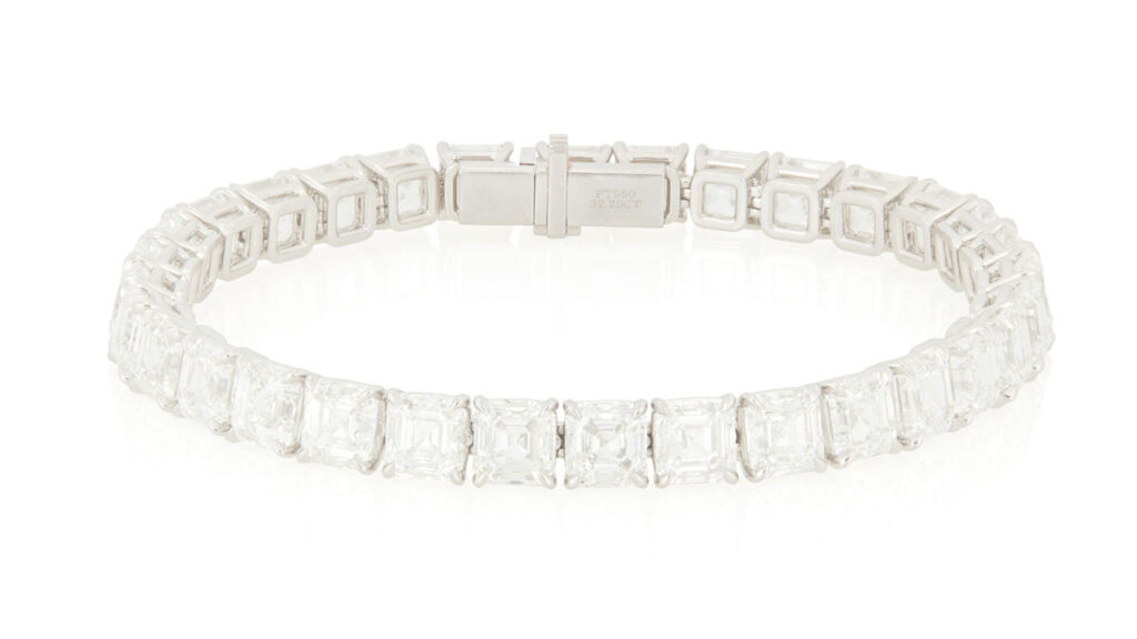 Bracelet comprises 32 emerald-cut diamonds weighing between 1 to 1.03 carats at John Moran image