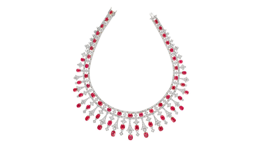 Fringe necklace contains 65.02 carats of cushion-shaped and oval Burmese rubies, and old European-, single- and brilliant-cut diamonds at Phillips image