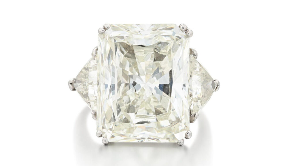 A ring containing a cut-cornered rectangular modified brilliant, 16.98-carat diamond by Sotheby's image