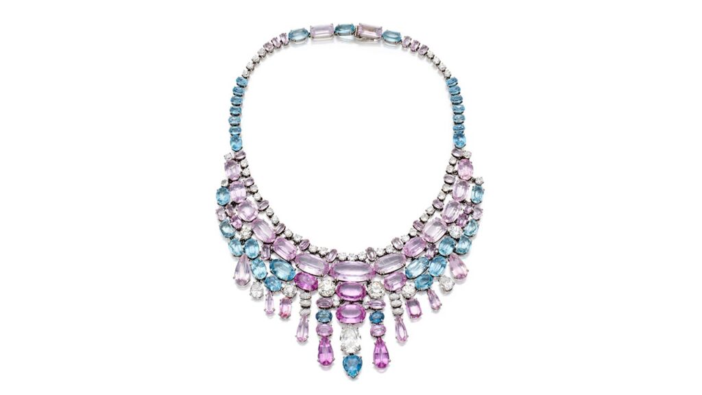 Bib necklace bears pink topazes, morganites, aquamarines, and round diamonds at Sotheby's image