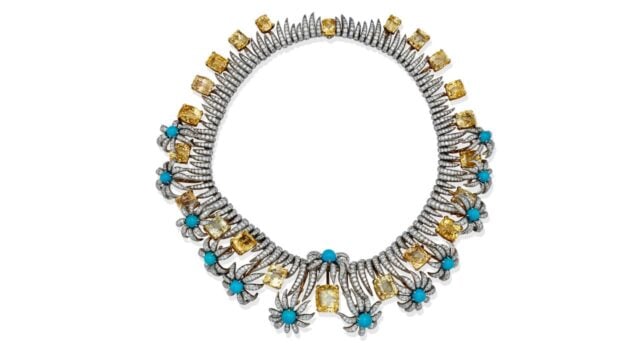Hedges and Flowers necklace by Jean Schlumberger for Tiffany & Co circa 1960 with yellow sapphires, turquoise, and diamonds image