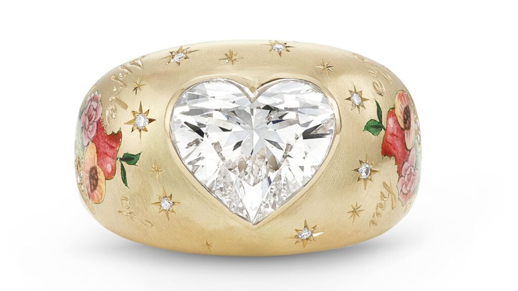 Apple of My Eye ring by Cece Jewellery in 18-karat gold and colorful enamel with a heart-shaped, 3-carat diamond image