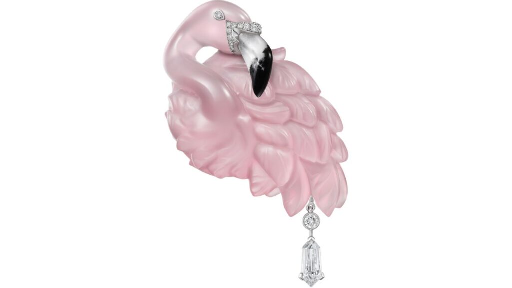 Flamingo brooch from Cartier's En Équilibre collection with carved pink quartz, agate, and diamonds image
