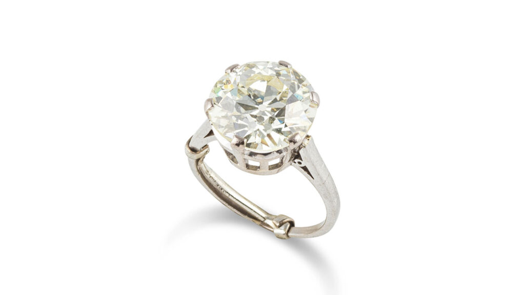 This ring bears an old brilliant-cut, 6.41-carat, N to R, SI1 diamond at Bonhams image