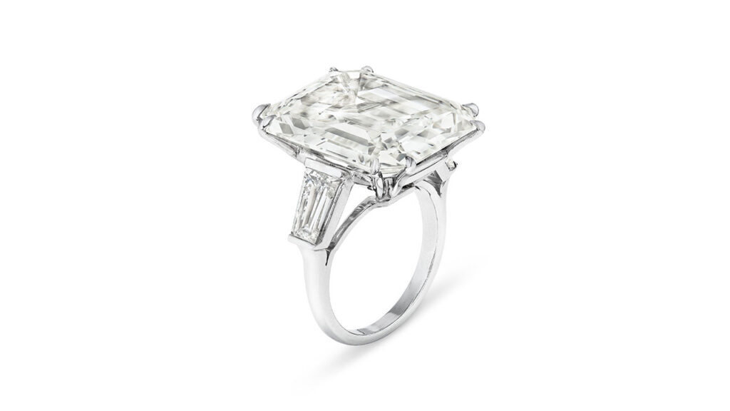 Ring features an emerald-cut, 24.99-carat, J-color, VS1-clarity diamond with baguette-cut diamond shoulders at Christie's image