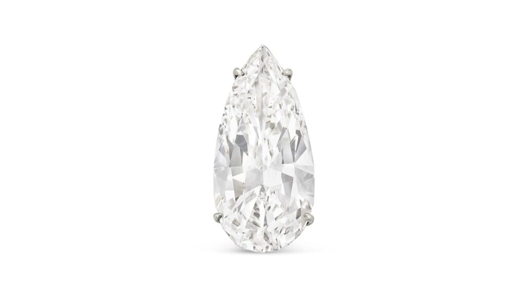 A pendant sporting a pear brilliant-cut, 14.10-carat, G, VVS2 diamond with the potential to be internally flawless at Christie's image