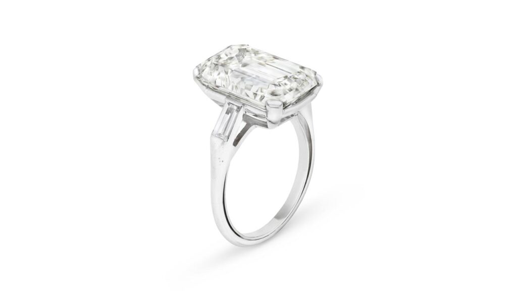 A ring with an emerald-cut, 11.09-carat, K, VVS1 diamond with the potential to be internally flawless at Christie's image