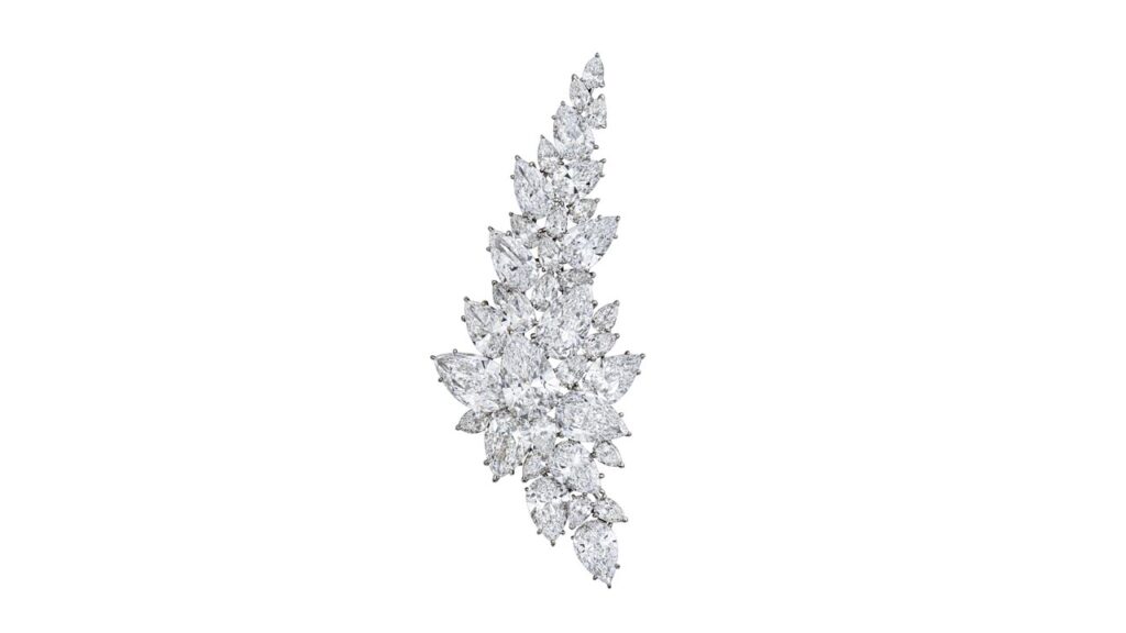 A diamond brooch featuring pear brilliant-cut, D-color diamonds weighing between 2.38 to 8.69 carats at Christie's image