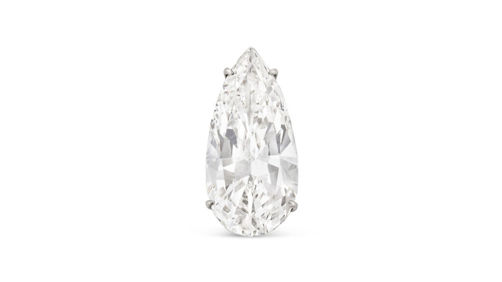 A pendant featuring a pear brilliant-cut, 14.10-carat, G, VVS2 diamond with the potential to be internally flawless at Christie's image